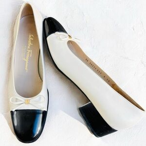 Salvatore Ferragamo White & Black Genuine Leather Color Block‎ Ballet Pumps 7.5